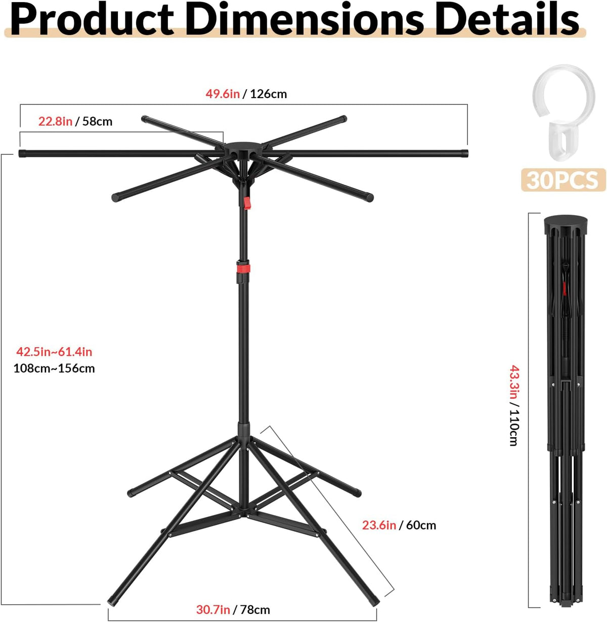 Portable 4-Leg Clothes Drying Rack, Foldable 6-Bar Rack for Space Saving