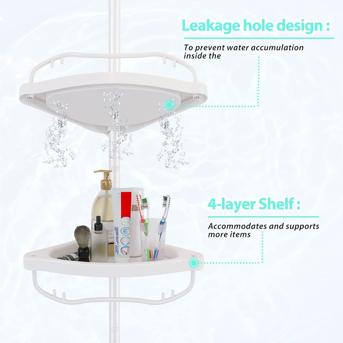 Shower Caddy Tension Pole with 4 ABS Baskets,Shower Storage Shelf with 56 to 125 Inch Adjustable Stainless Pole for Bathroom White