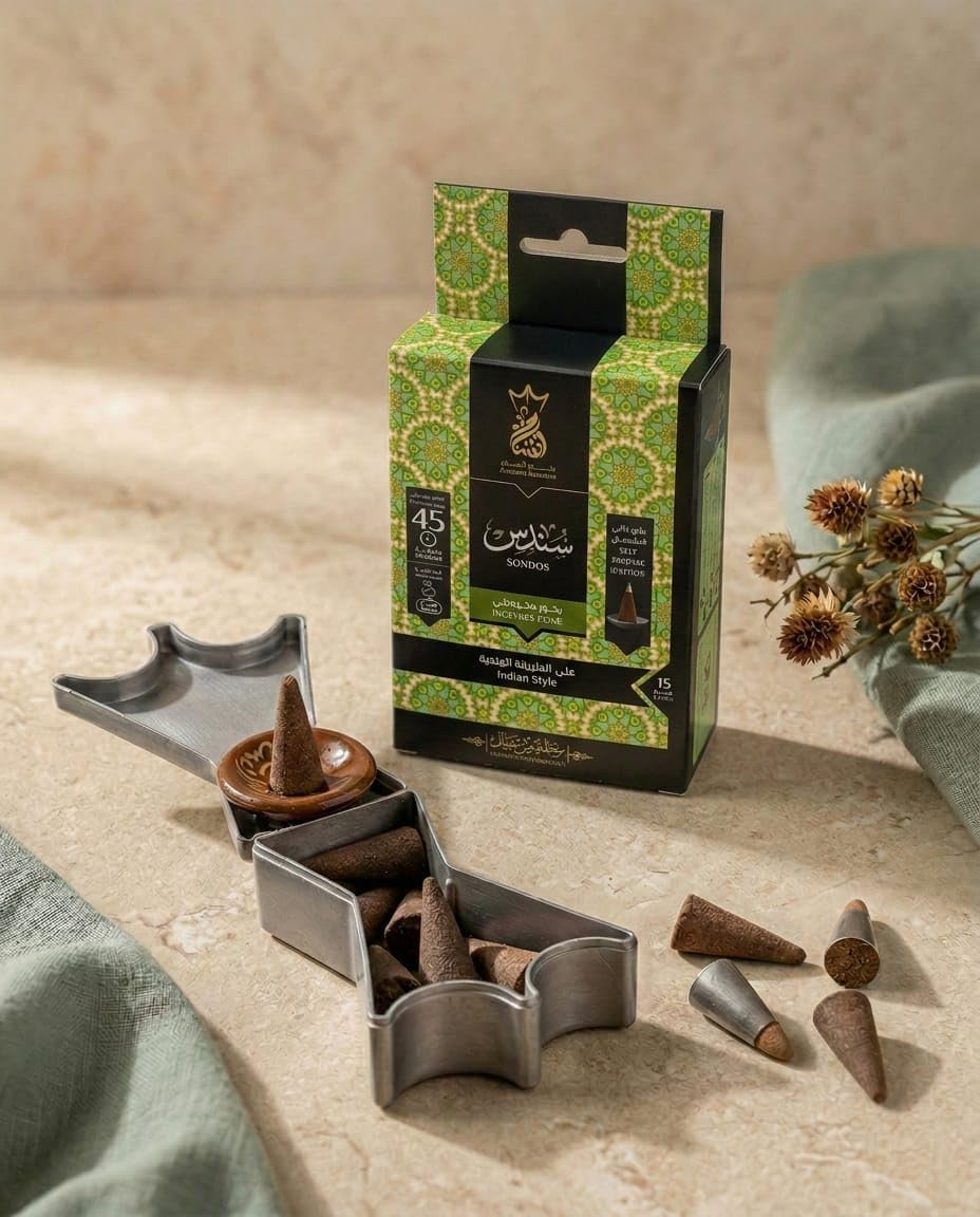 Ansaam Incense Cones *SONDOS* - 15 CT with A Ceramic Dish and Unique Crown Container. A DISCTINCTIVE Eastern Style Blend of Orange, Vanilla, Rose, Sandalwood, Musk & Patchouli.