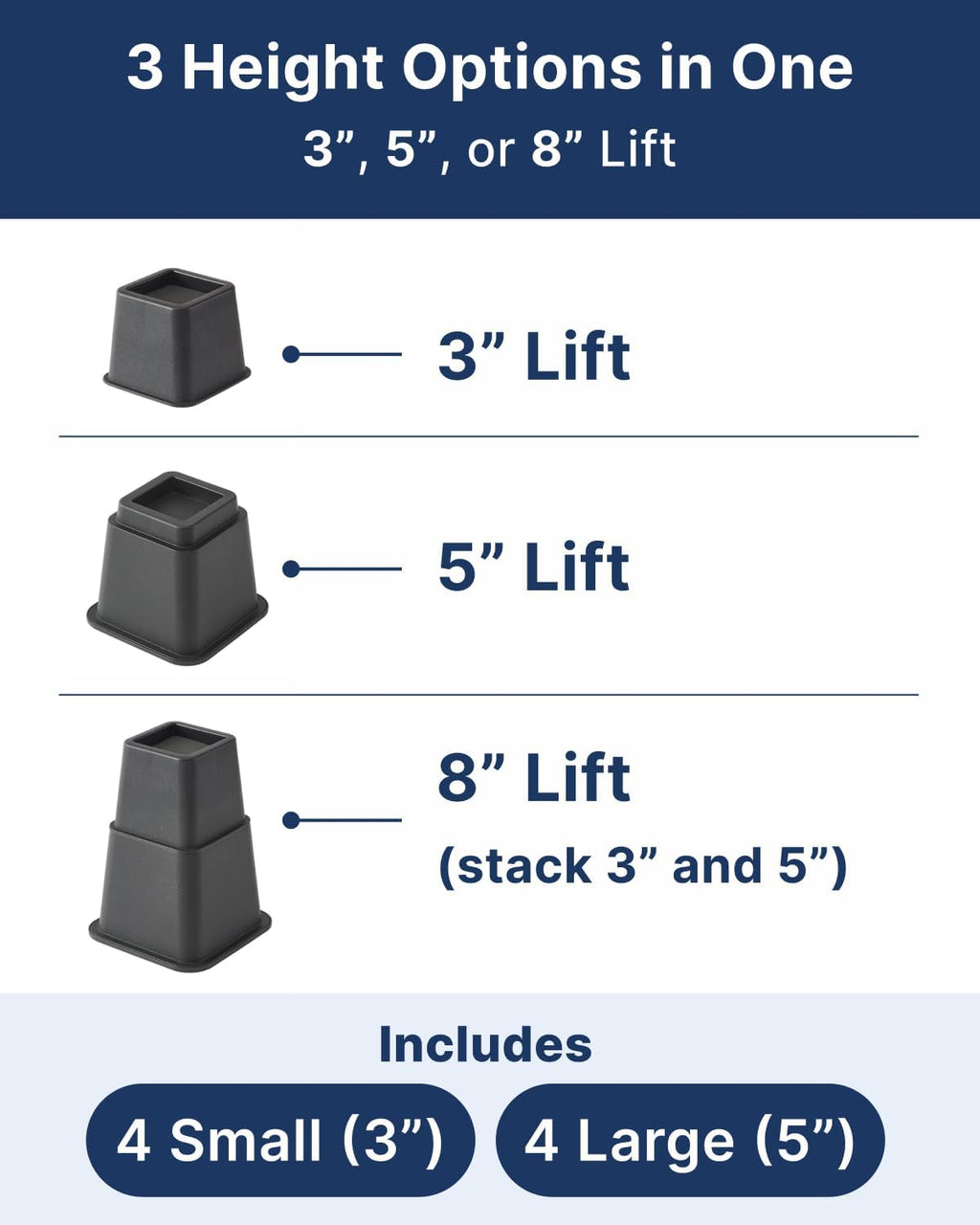 Bed Risers 8 Pack Heavy Duty Non Slip - 3, 5, 8 Inch Furniture Lift, Couch