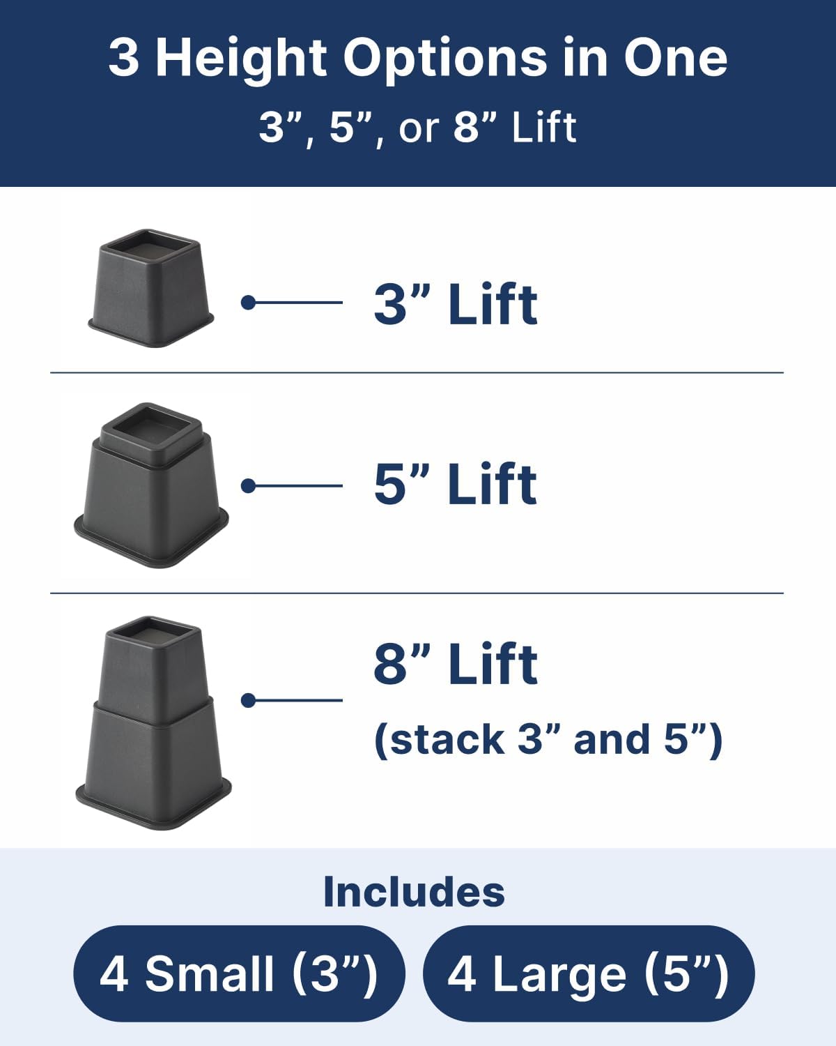 Bed Risers 8 Pack Heavy Duty Non Slip - 3, 5, 8 Inch Furniture Lift, Couch