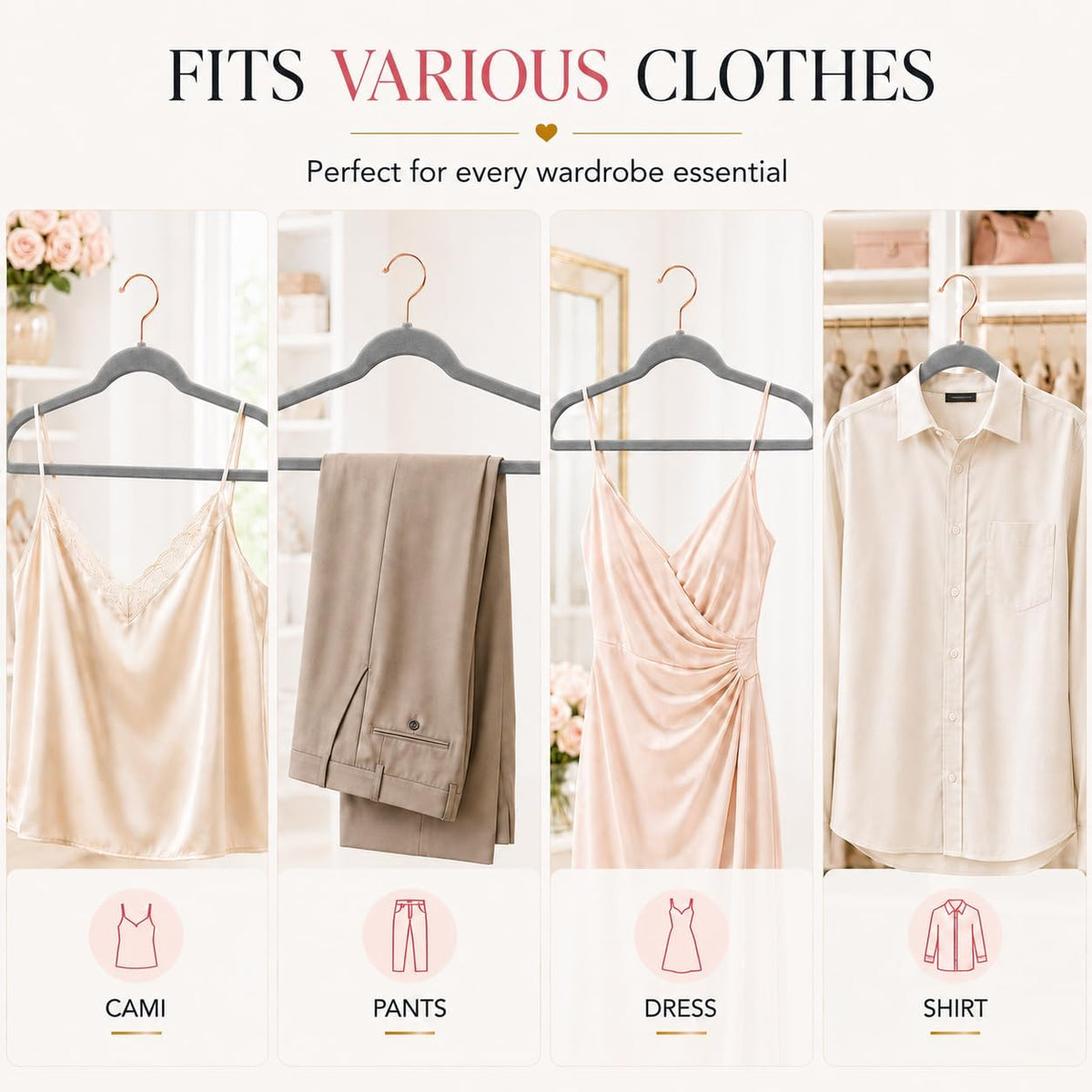 Smartor Grey Velvet Hangers 50 Pack, Non Slip Rose Gold Hook Felt Hangers