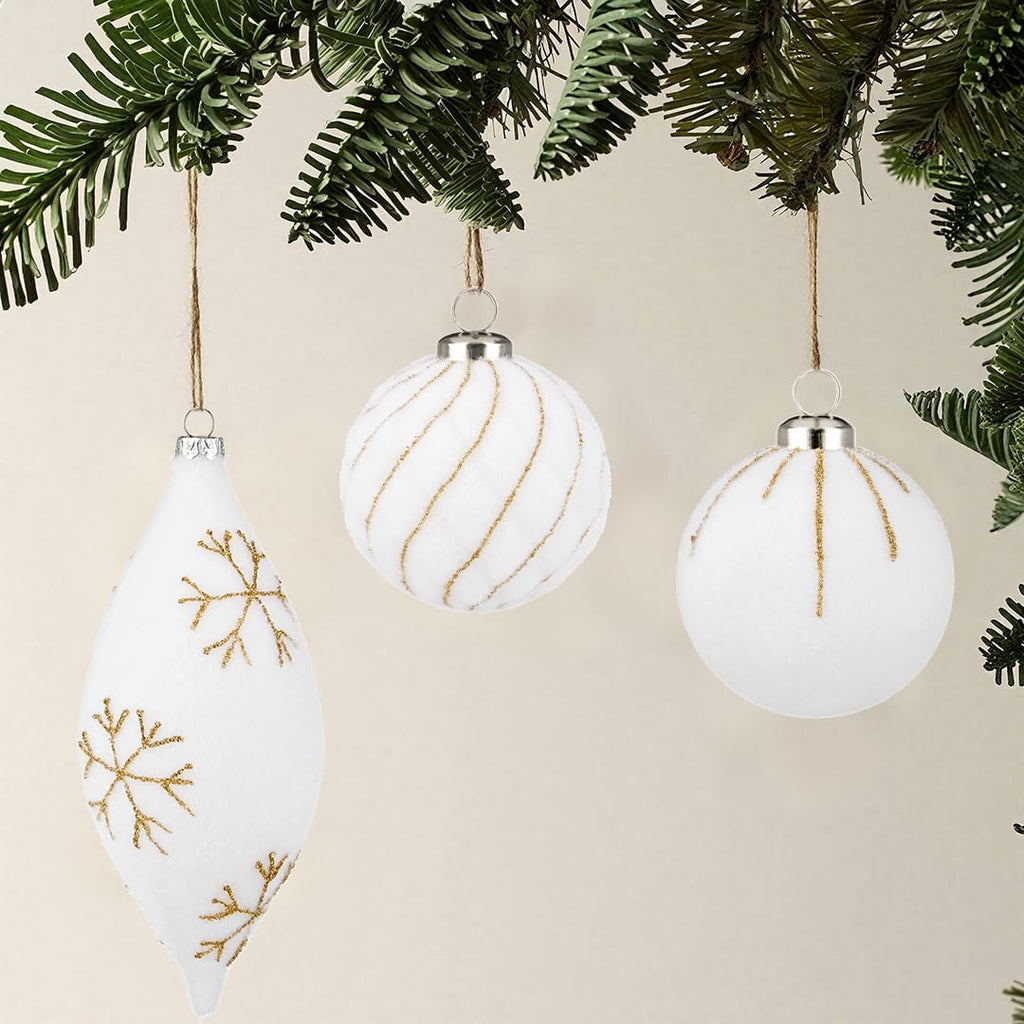 12PCS Velvet Christmas Ornaments Balls 3.15/6.6 Inch Flocked Ornament Sets Glitter Balls for Xmas Hanging Ornaments Decoration Wedding Party Holiday Decor - Snow White