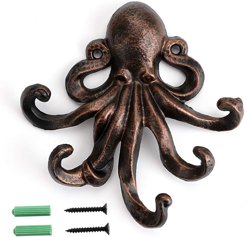 Sumnacon 6 Inch Cast Iron Octopus Decorative Coat Hook - Wall Mounted Nautical Hand Towel Rack Holder with Screws, Rustic Metal Clothing Hanger for Bedroom/Bathroom/Kitchen/Balcony, Red Bronze
