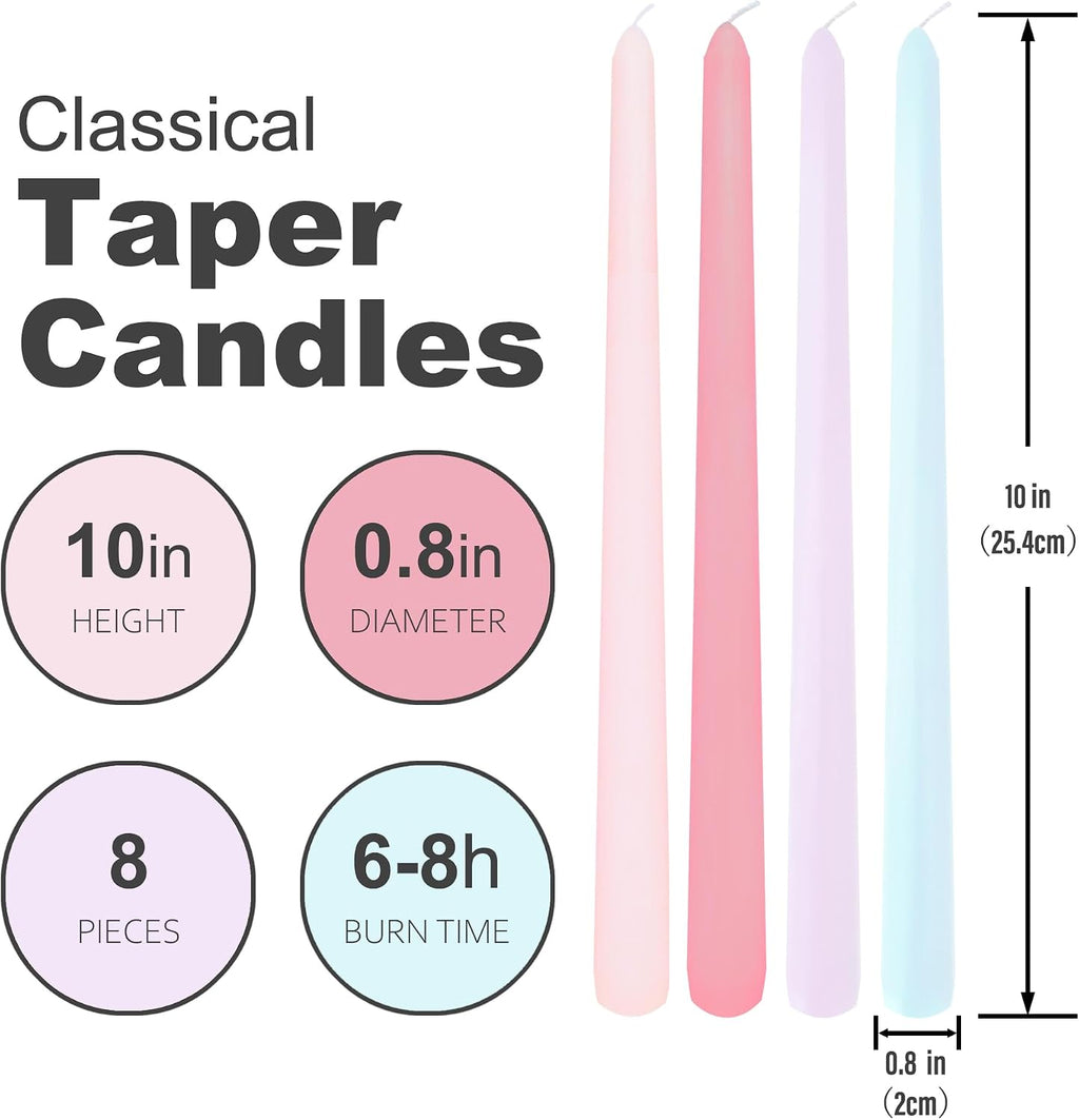 10 Inch Taper Candles, 8 Pack Unscented Dripless Pink Purple Blue Candlesticks for Birthday, Wedding, Dinner, Party, Shower