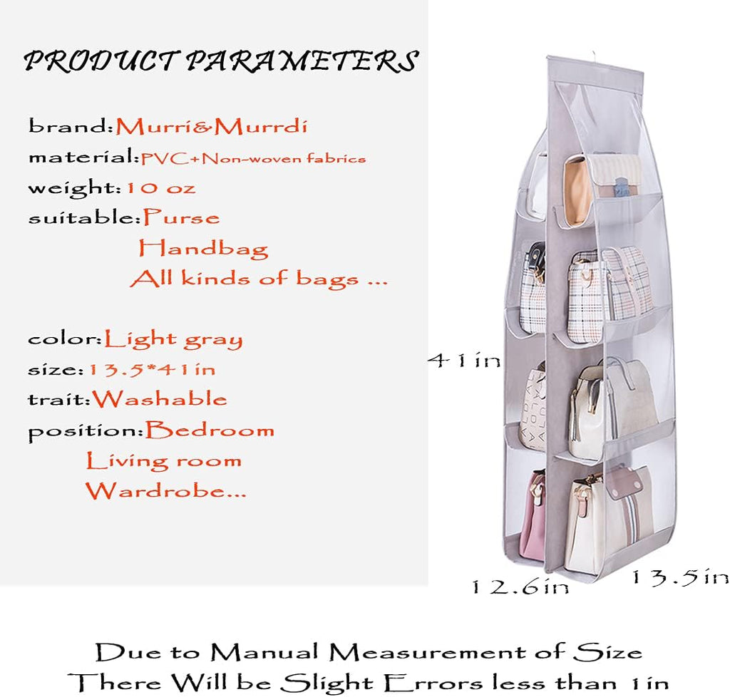 MURRI&MURRDI 2 Packs Hanging Handbag Organizer for Closet, Purse Storage Holder with 8 Easy Access Clear PVC Pockets, Womens Purse Hanger Bag for Wardrobe Door Wall Space Saving, Gray