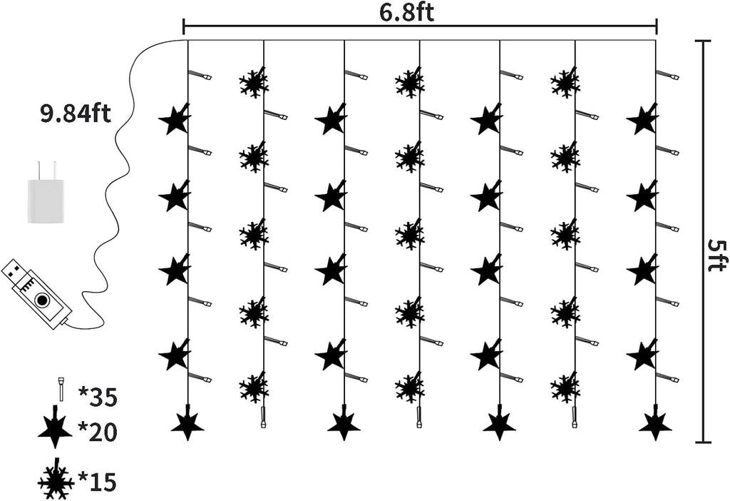 Newhale 8 Modes Christmas Curtain String Lights with Snowflake and Star, USB Plug in Wall Lights Christmas Decorations Indoor, Xmas Window Light Decor, Warm White