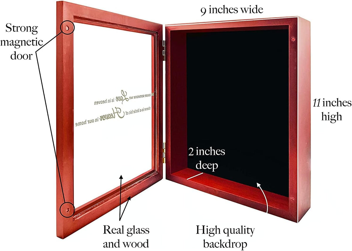 Memorial Shadow Box Display Case, Dark Cherry Wood Frame, 11" x 9" x 2"