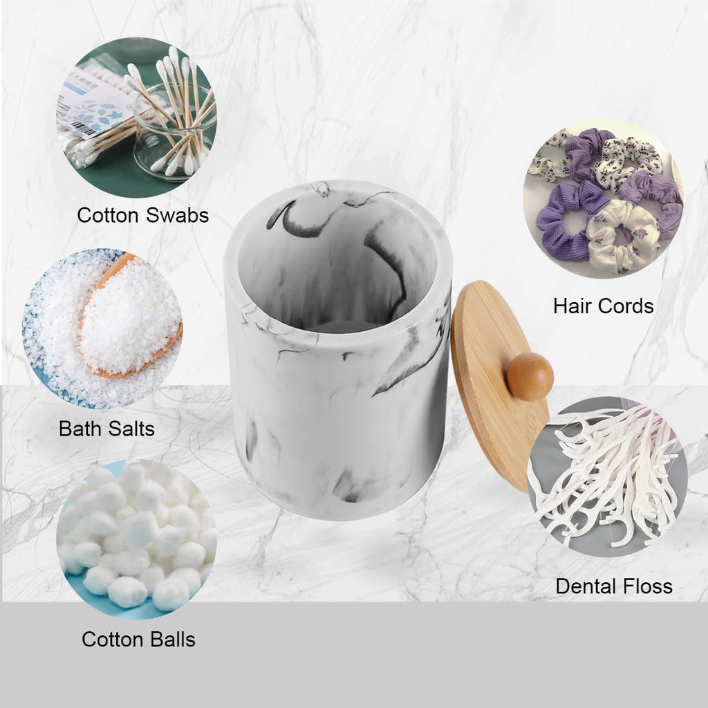 Bathroom Qtips Jars with Lid,Vanity Cotton Swab Holder,Resin Apothecary Dispenser Container,Marble Makeup Sponges Canister,Bath Salts Storage Organizer Box (Marble White with Bamboo Lid of 2)