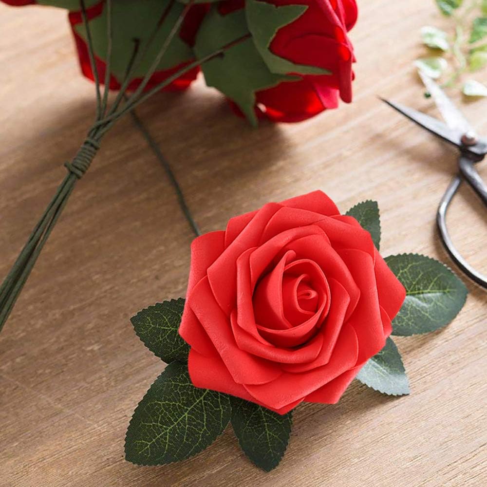 Higfra Artificial Flowers 25pcs Real Looking Fake Roses with Stems for DIY Wedding Bouquets Baby Shower Centerpieces Floral Arrangements Party Tables Home Decorations