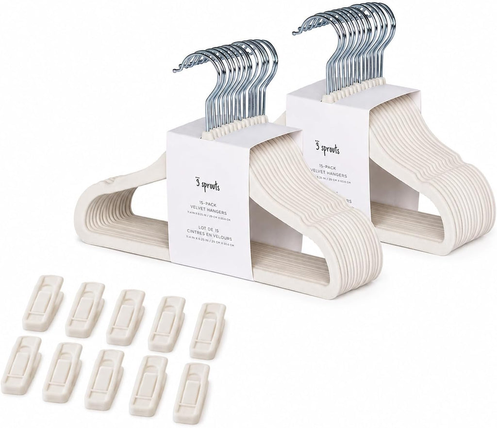 3 Sprouts Velvet Baby Hangers, Non Slip Slim, Cream, 30 Pack with 10 Clips