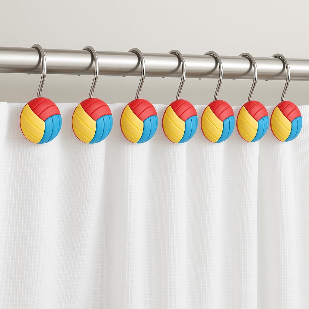 Colorful Volleyball Shower Curtain Hooks Set of 12 - Resin Sports Themed Bathroom Hooks, Fun Decorative Accessories for Sports Fans