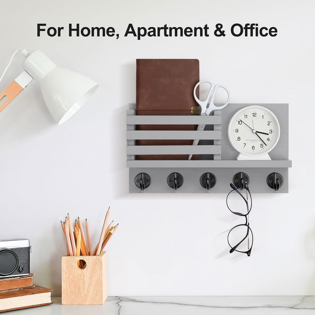 Lwenki Key Holder for Wall – Decorative Wooden Mail Holder and Key Shelf with Mounting Hardware, Installation Guide – Paulownia Wood with Metal Key Hooks (Gray, Large - 11.8inch)