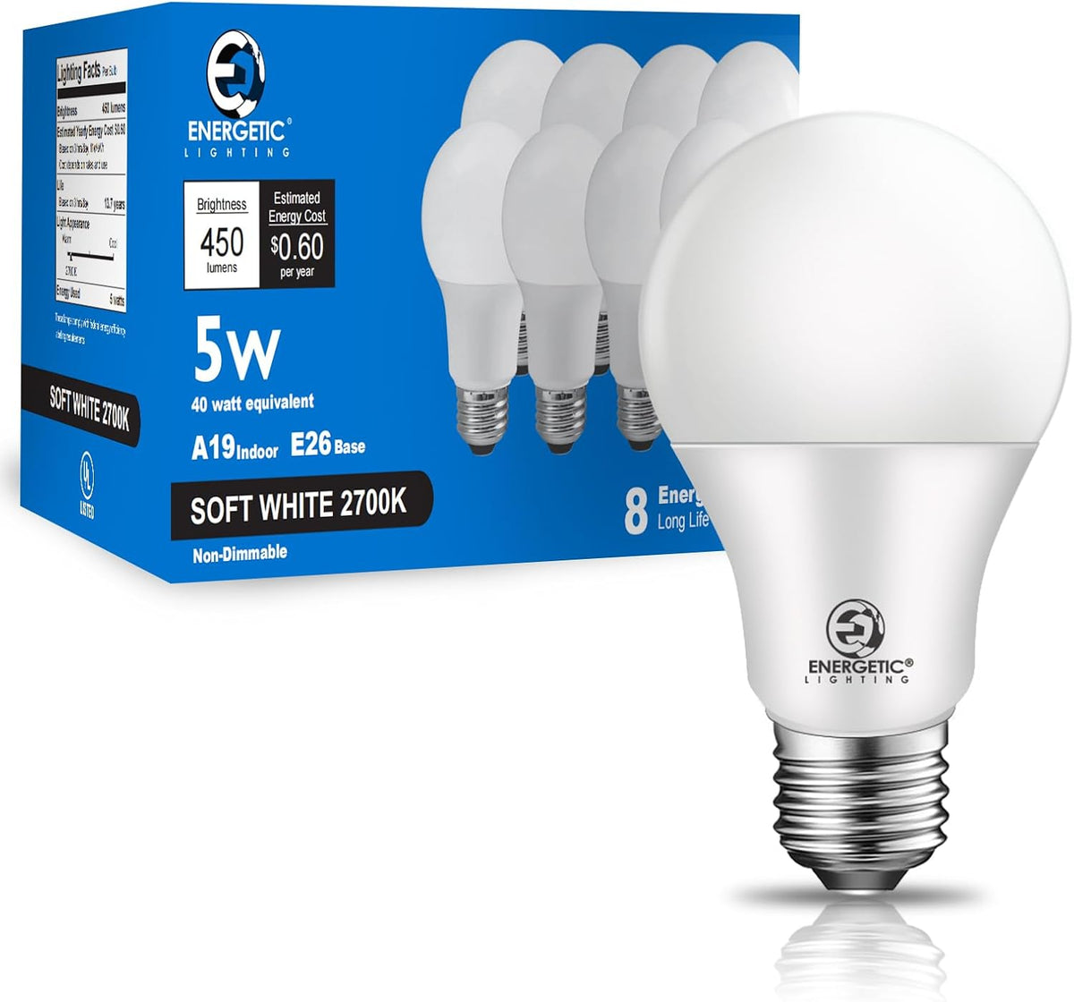 E ENERGETIC LIGHTING 40W Equivalent A19 LED Light Bulb, Soft White 2700K, E26 Standard Base, ETL Listed, 5W 450lm Non-Dimmable LED Light Bulb, 8 Packs