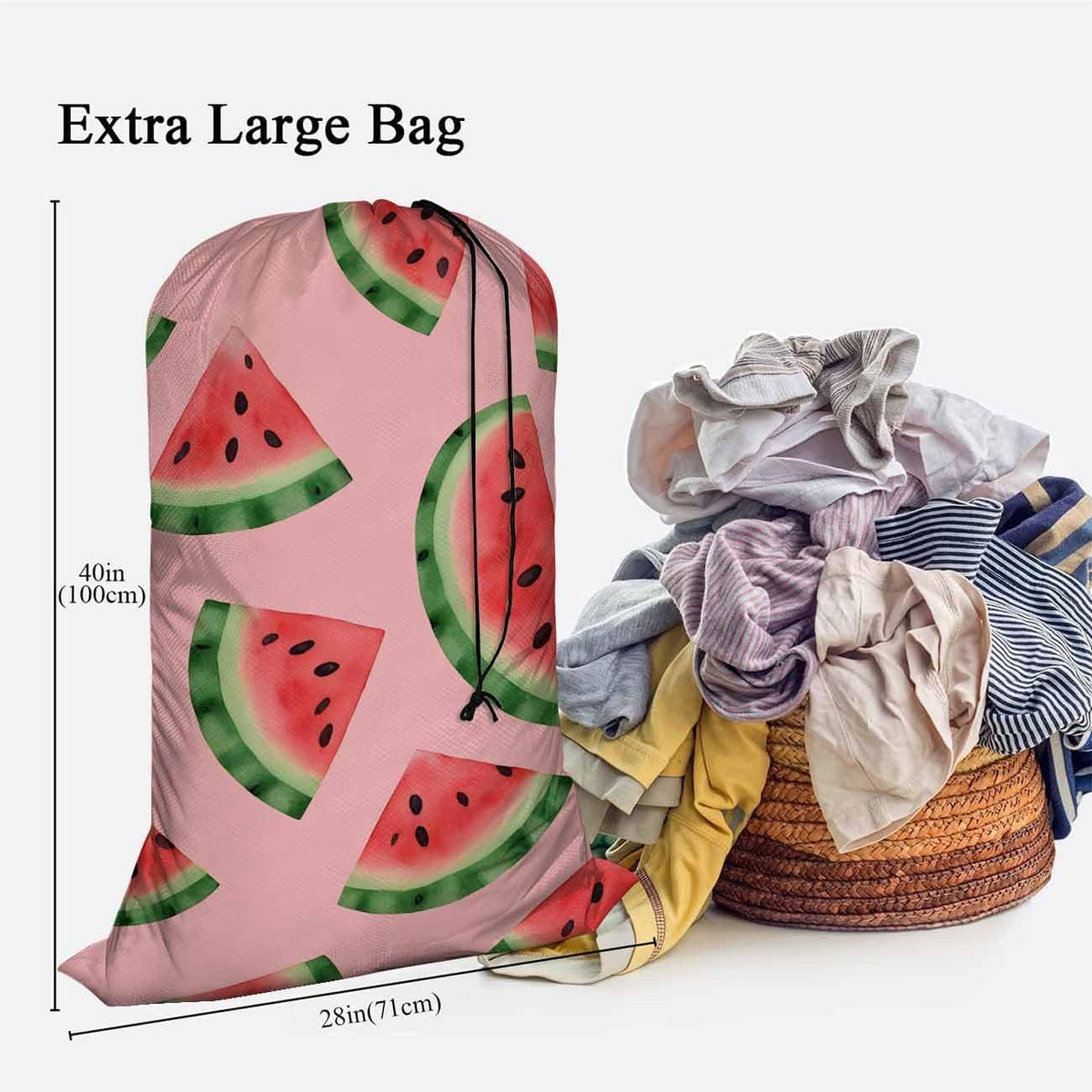 Swono Heavy Duty Laundry Drawstring Bag with Strap Juicy Watermelon, Tropical Exotic Fresh Fruits 28 x 40 Inch, Oxford Cloth Travel Dirty Clothes Bag for Laundromat and Household, Pink