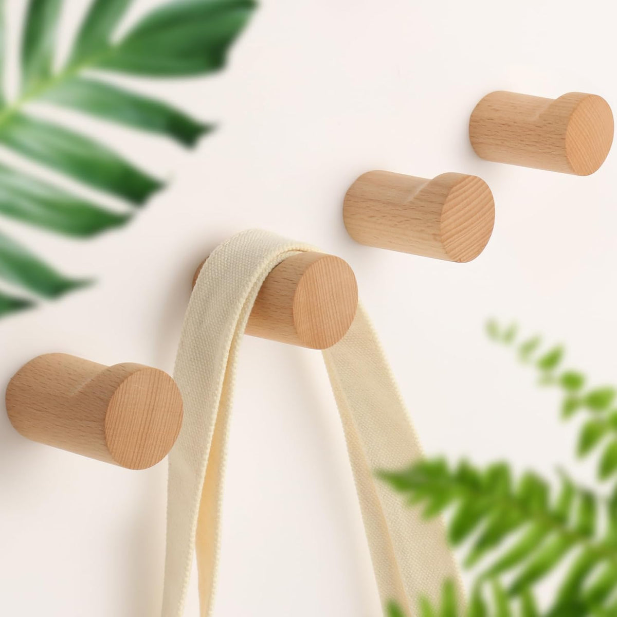 4 Pack Wood Wall Hooks Natural Wooden Coat Hooks Adhesive Hooks Heavy Duty
