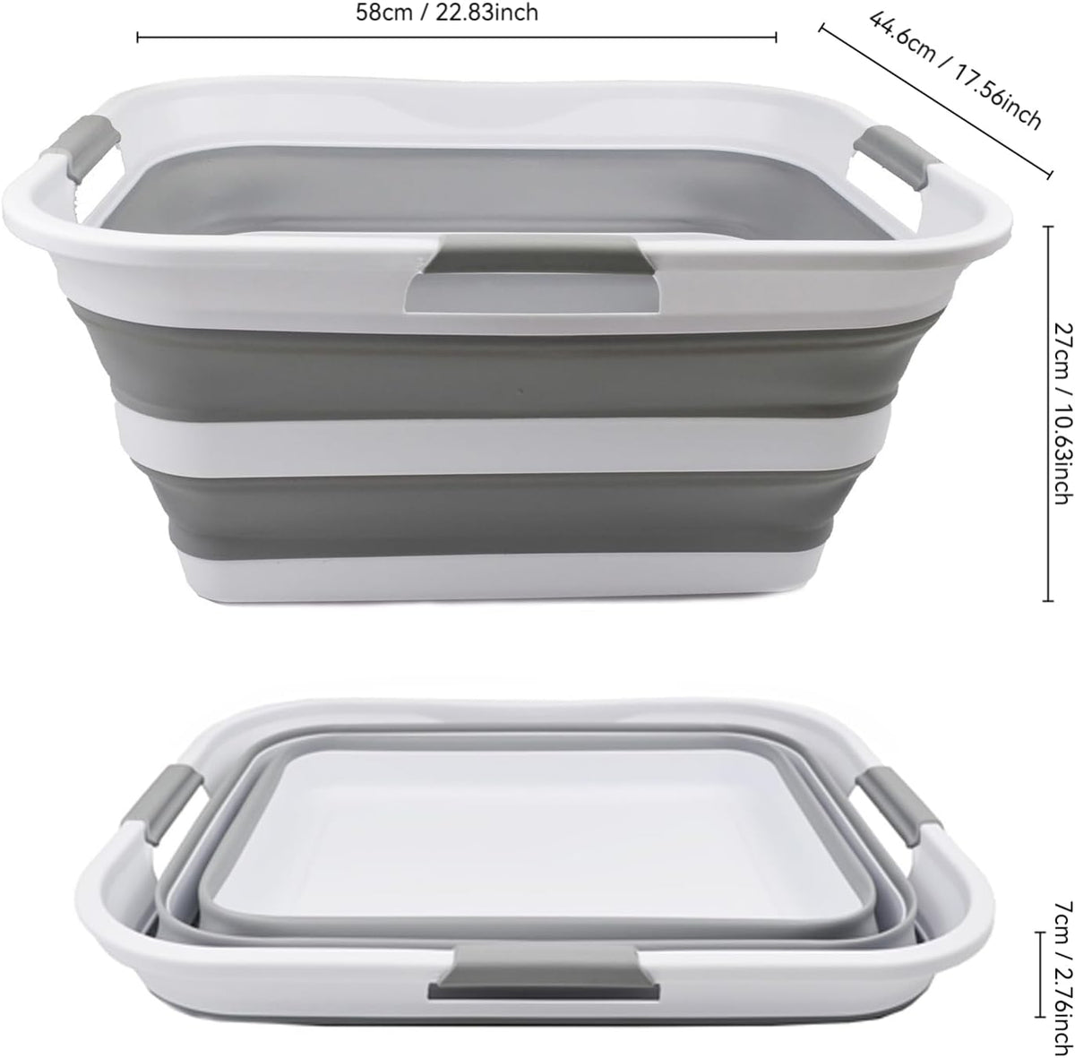 SAMMART 42L (11 gallon) Collapsible Plastic Laundry Basket - Foldable Pop Up Storage Container/Organizer - Portable Washing Tub - Space Saving Hamper/Basket (White/Grey)