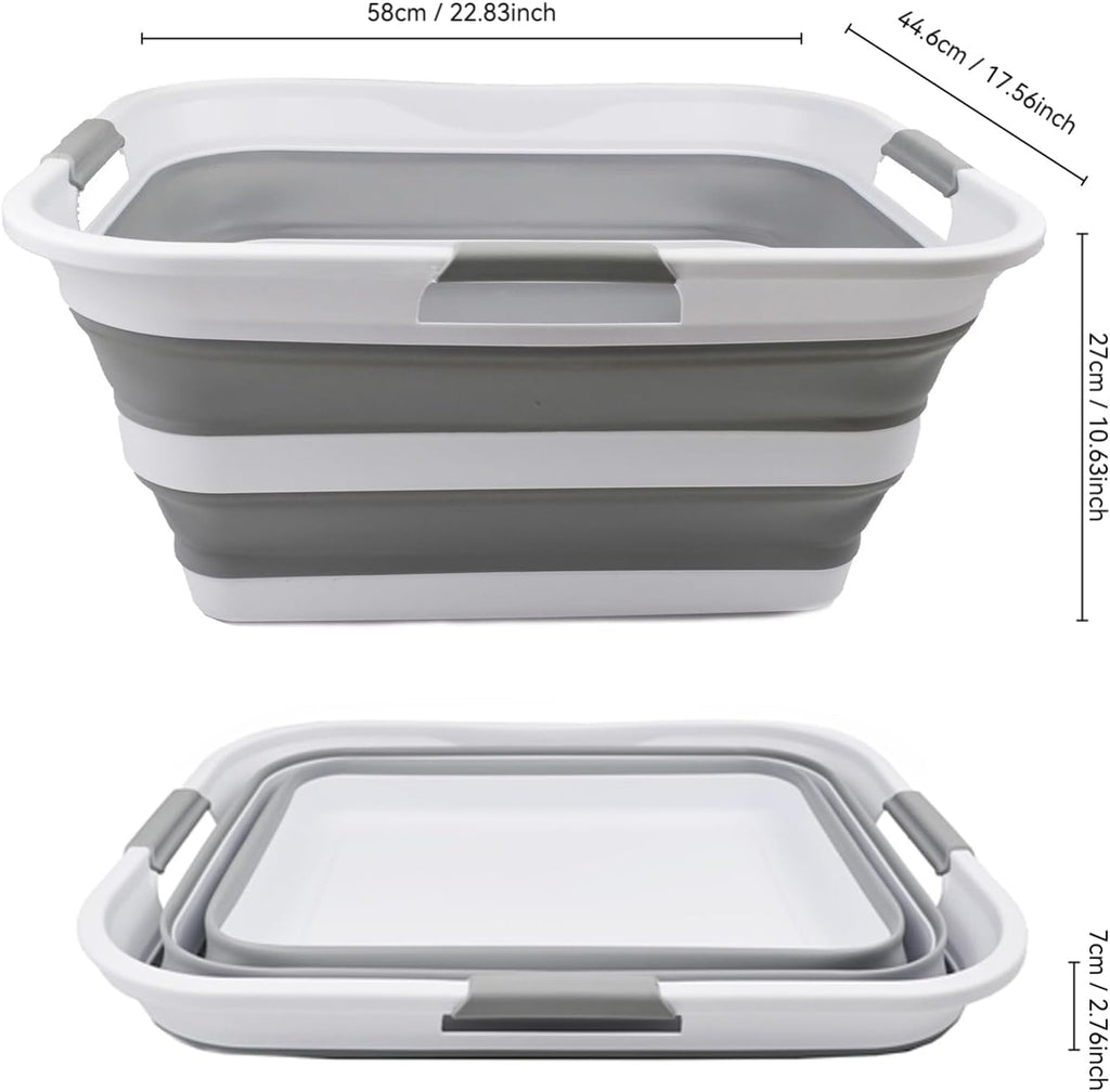 SAMMART 42L (11 gallon) Collapsible Plastic Laundry Basket - Foldable Pop Up Storage Container/Organizer - Portable Washing Tub - Space Saving Hamper/Basket (White/Grey (Set of 2))