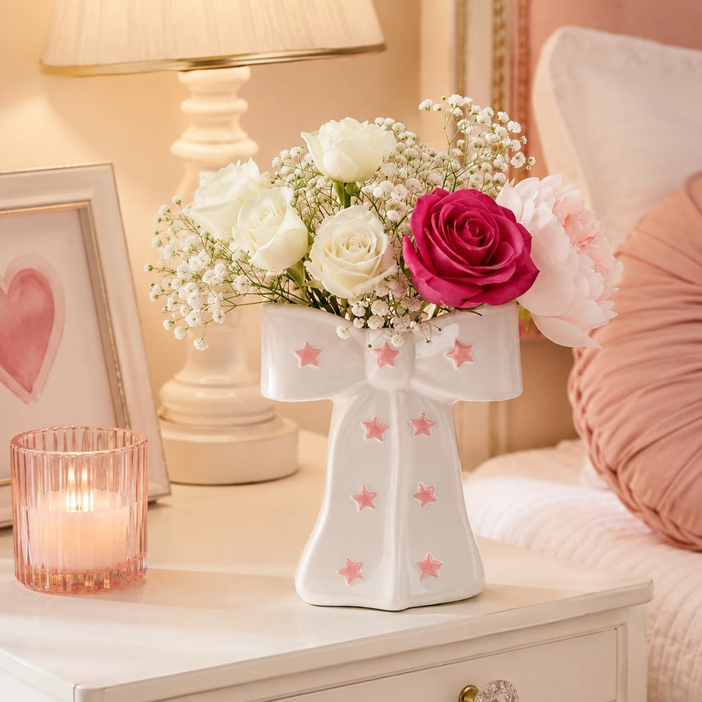 White Bow Vase, White and Pink Flower Vase for Home Decor
