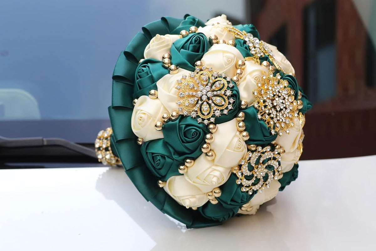 Emerald Green and Ivory Bridal Wedding Bouquet with Gold Brooch Rhinestone Pearl Satin Rose Flower Bouquet for Bride Bridesmaid Quinceanera Wedding Emerald Green and Ivory 7.1in