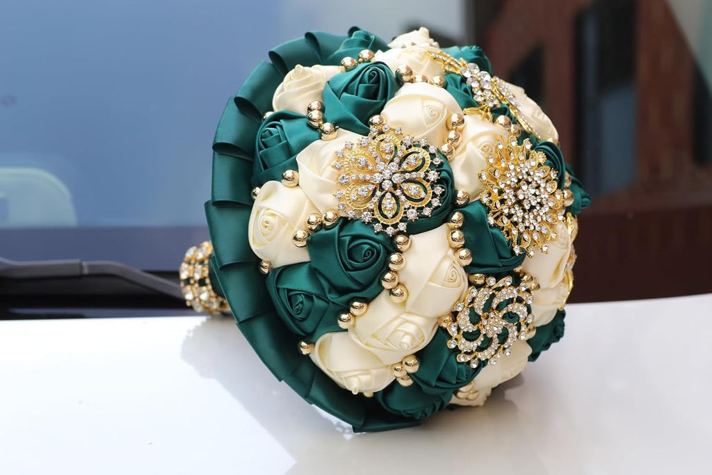 Emerald Green and Ivory Gold Brooch Wedding Bridal Bouquet for Bride Bridesmaid Quinceanera with Bling Rhinestone Pearl Satin Rose Flower Bouquet Wedding Emerald Green and Ivory 8.3in