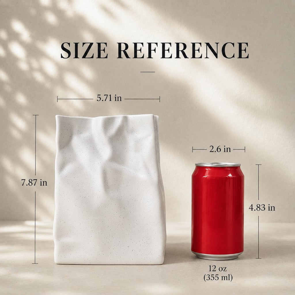 WENSHUO Flower Vase, Ceramic Crinkle Paper Bag Vase, 7.87 x 5.7 in, White