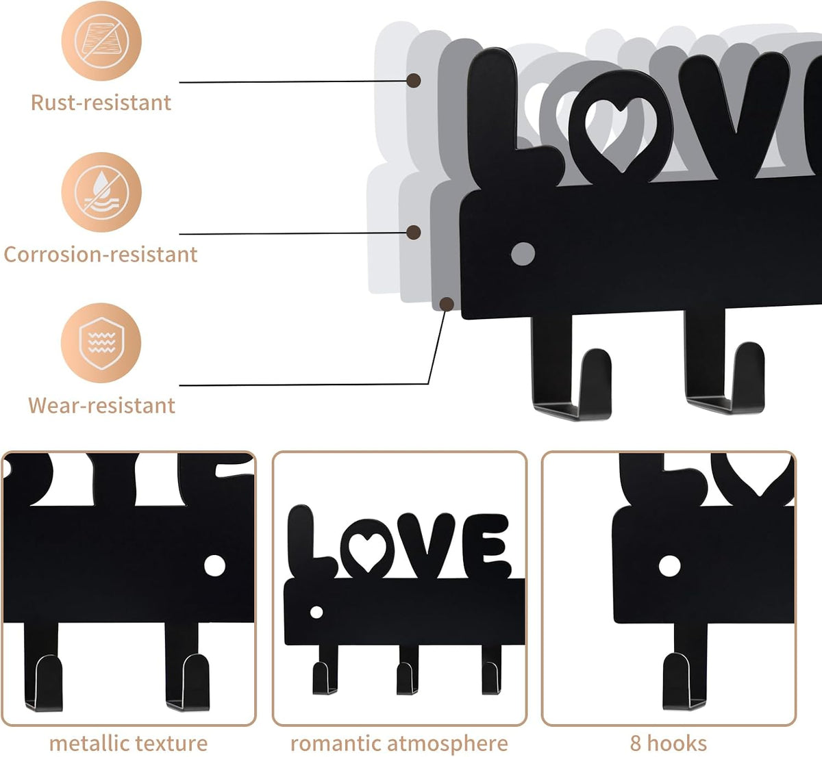 Key Holder for Wall, Key Hooks with 8 Hooks, Key Holder Wall Mount Self Adhesive, Key Rack for Wall No Drill for Entryway, Front Door, Hallway, Living Room (Black-Love You Bye)