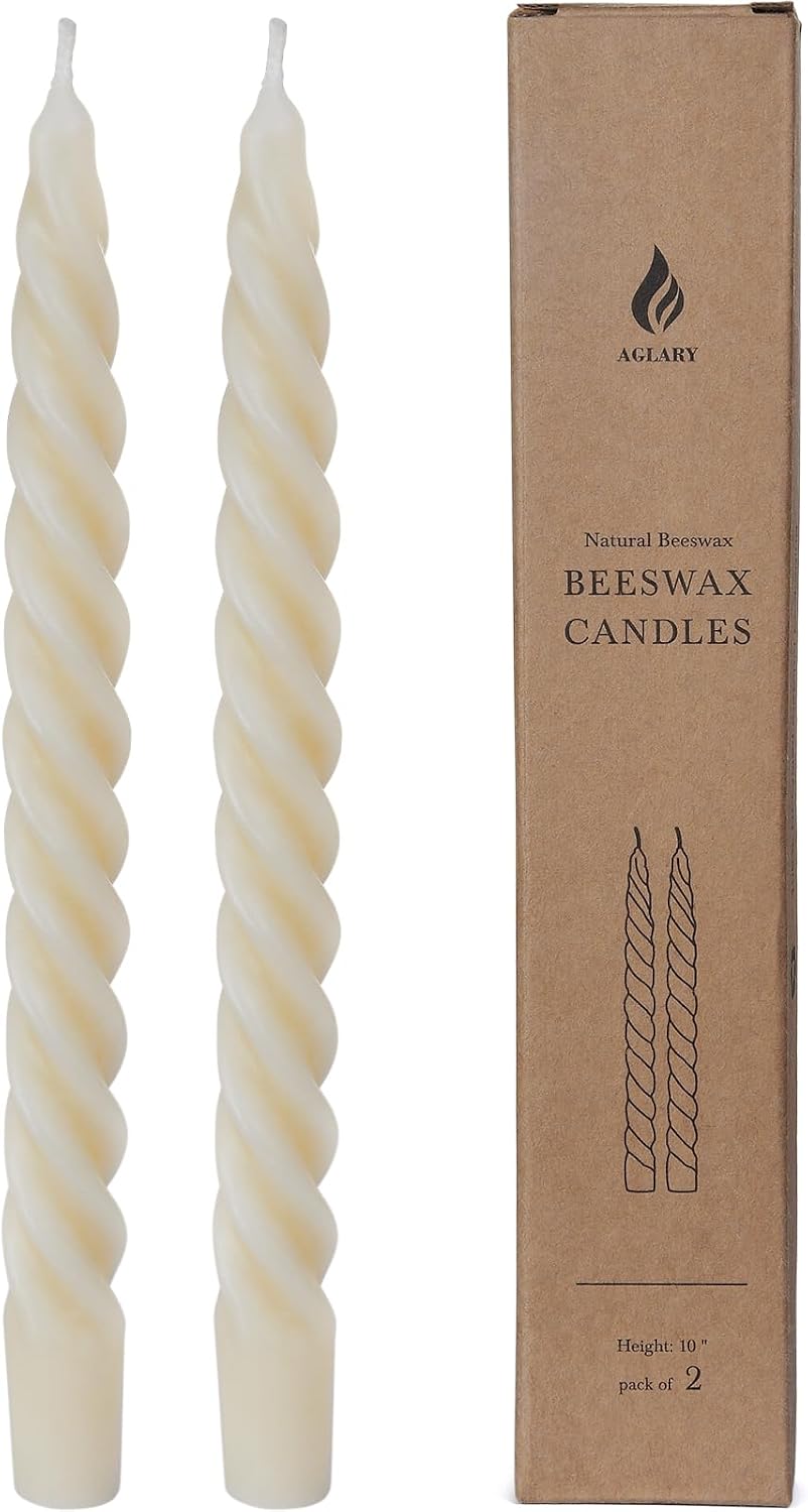 2PCS 10" Pure Beeswax Taper Candles, Cream White, Spiral Bees Wax Candle
