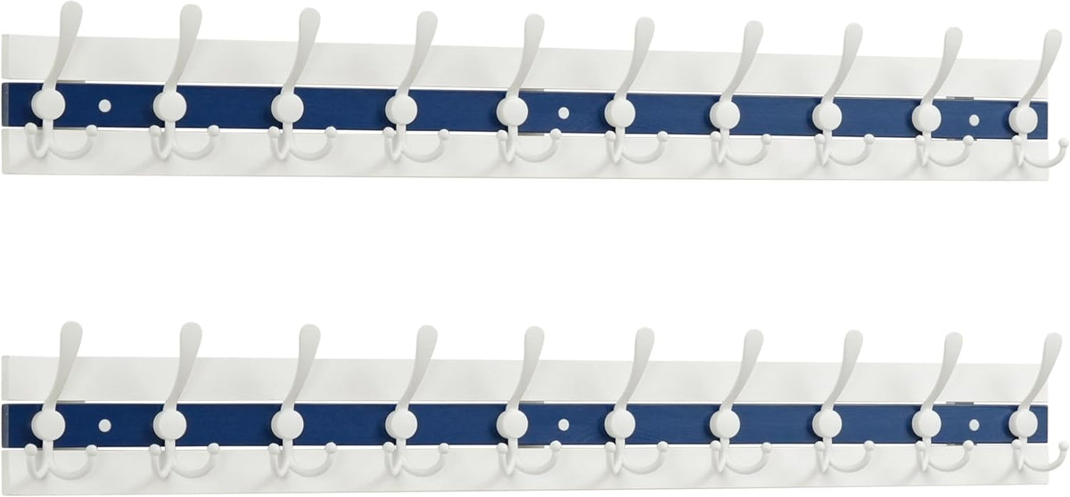 SKOLOO Coastal Coat Rack Wall Mount-38-1/8 Beach House Entryway Wooden Coat Hook with 10 Hooks for Hanging Coats, Hats or Towels, Oceanfront Cottage Core Collection, White & Blue, Pack of 2