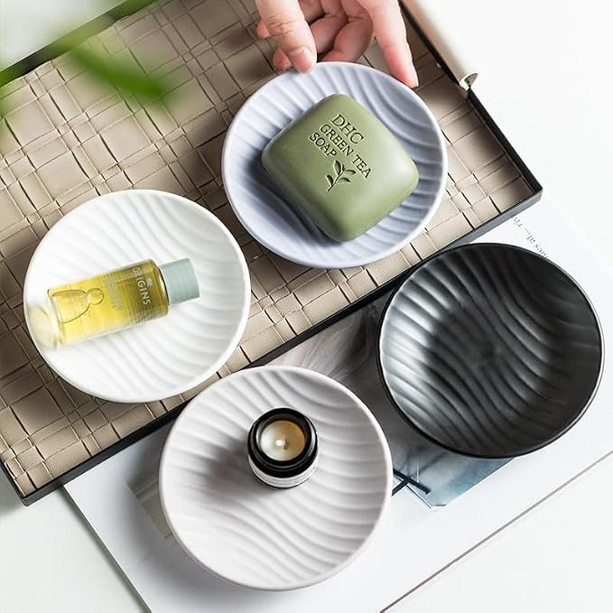Chic Round Soap Dish, Modern Minimalist Striped Ceramic Tray(Black)