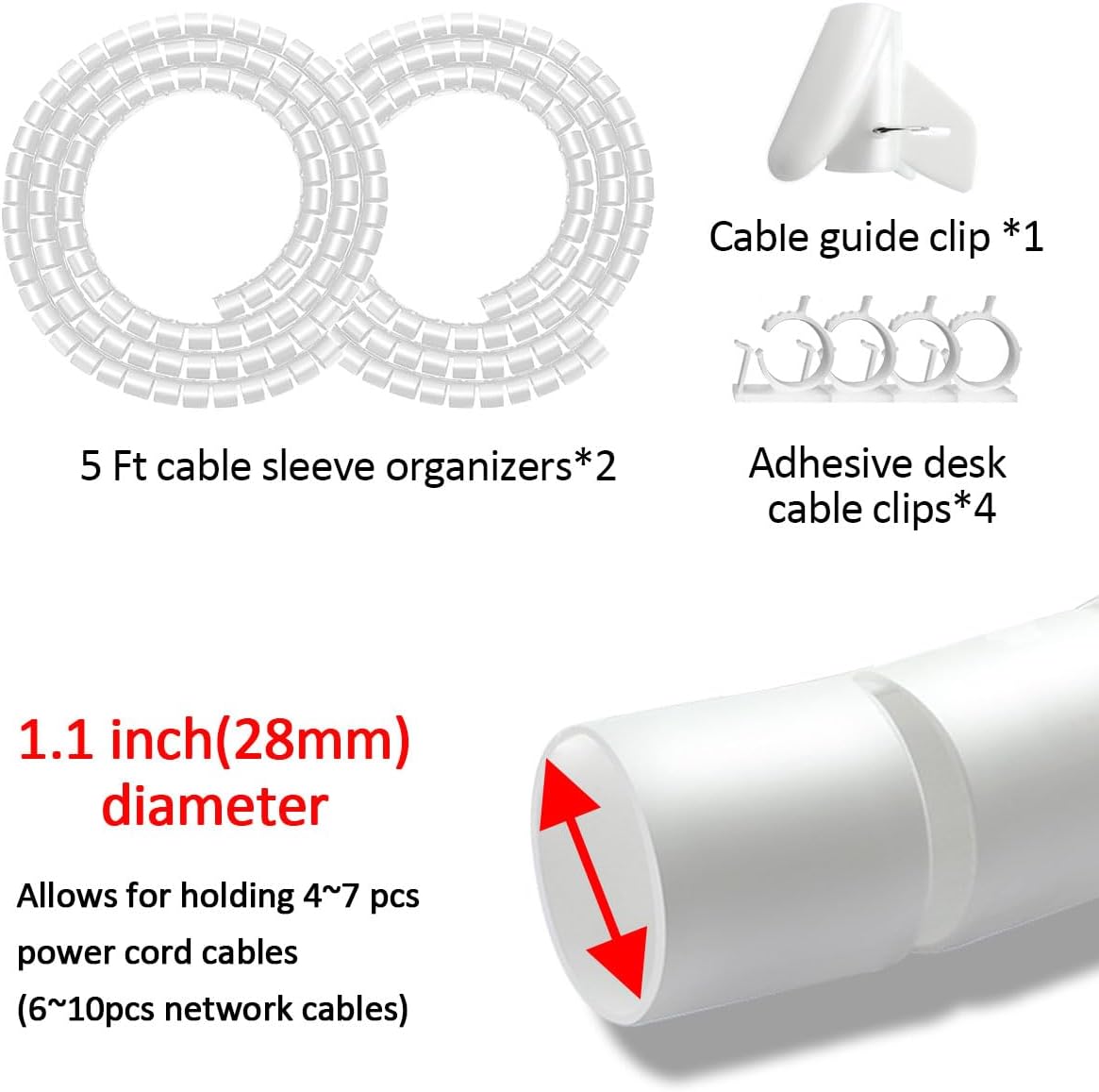 Large Cable Management White Computer Wire Sleeve Organizer Coiled Under Desk Tubes 2 PCS, 1.1 inch -5 ft EZ Spiral Cable Bundler Cover for TV Office, Pet Chew and Bite Proof Cable Protector