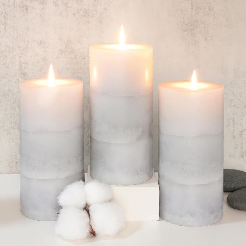 3x6 inch Pillar Candles Cozy Cotton Scented Set of 3 Gray White Layered Mottled Aromatherapy Candles for Weddings Home Wall Shelf Decorations Yoga Spa Dinner Table