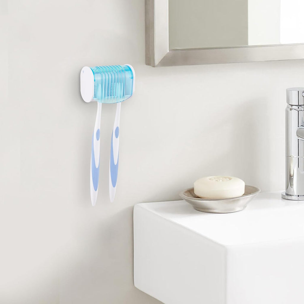 2 Pack Toothbrush Holder Wall Mounted with Cover for Bathroom, 2 Slots Toothbrush Storage Organizer for Shower, Self Adhesive Toothbrush Hanger (Blue)