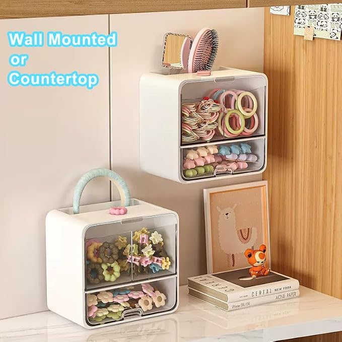 Qtip Holder for Bathroom Container, Wall Mounted & Countertop Cotton Swab Organizer with Drawer, Dustproof Storage for Cotton Balls, Cotton Pads, Tampons, Makeup Brushes & Hair Accessories for Vanity