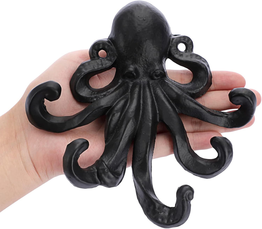 Sumnacon 6 Inch Cast Iron Octopus Coat Hook - Rustic Metal Wall Rack for Key Towel Bag, Hat Scarf with Screws, Decorative Duty Clothing Hanger for Bedroom Bathroom Kitchen Balcony Entry Door, Black
