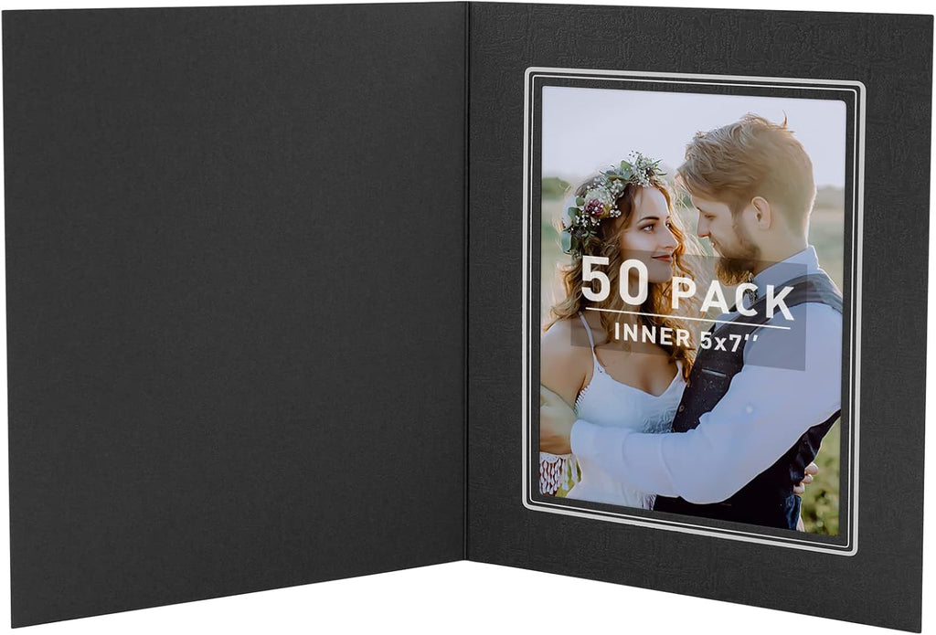 Golden State Art 50 Pack, 5x7 Photo Folders, Black with Silver Lining, DIY Photo Frames, All Occasions