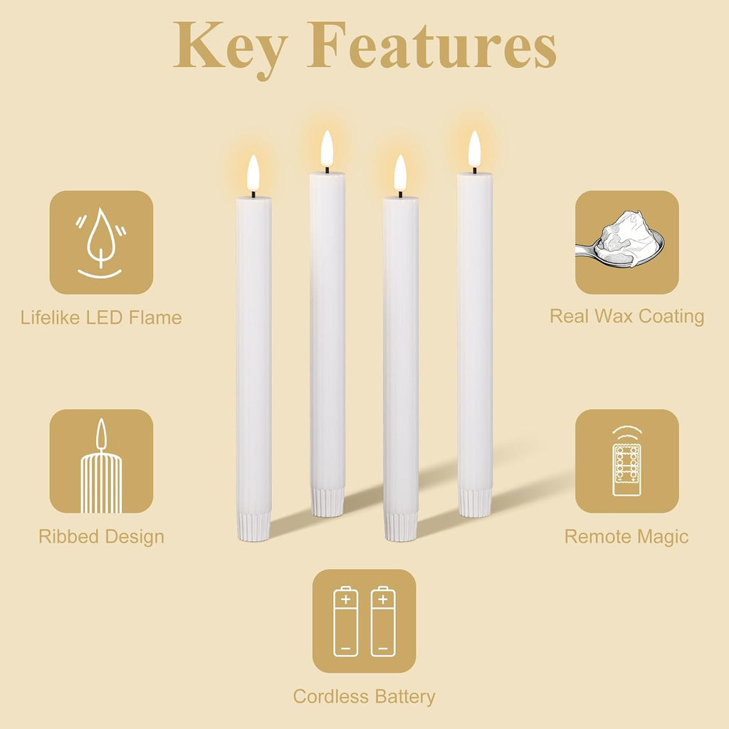 White Ribbed Flameless Taper Candles with Remote Set of 4