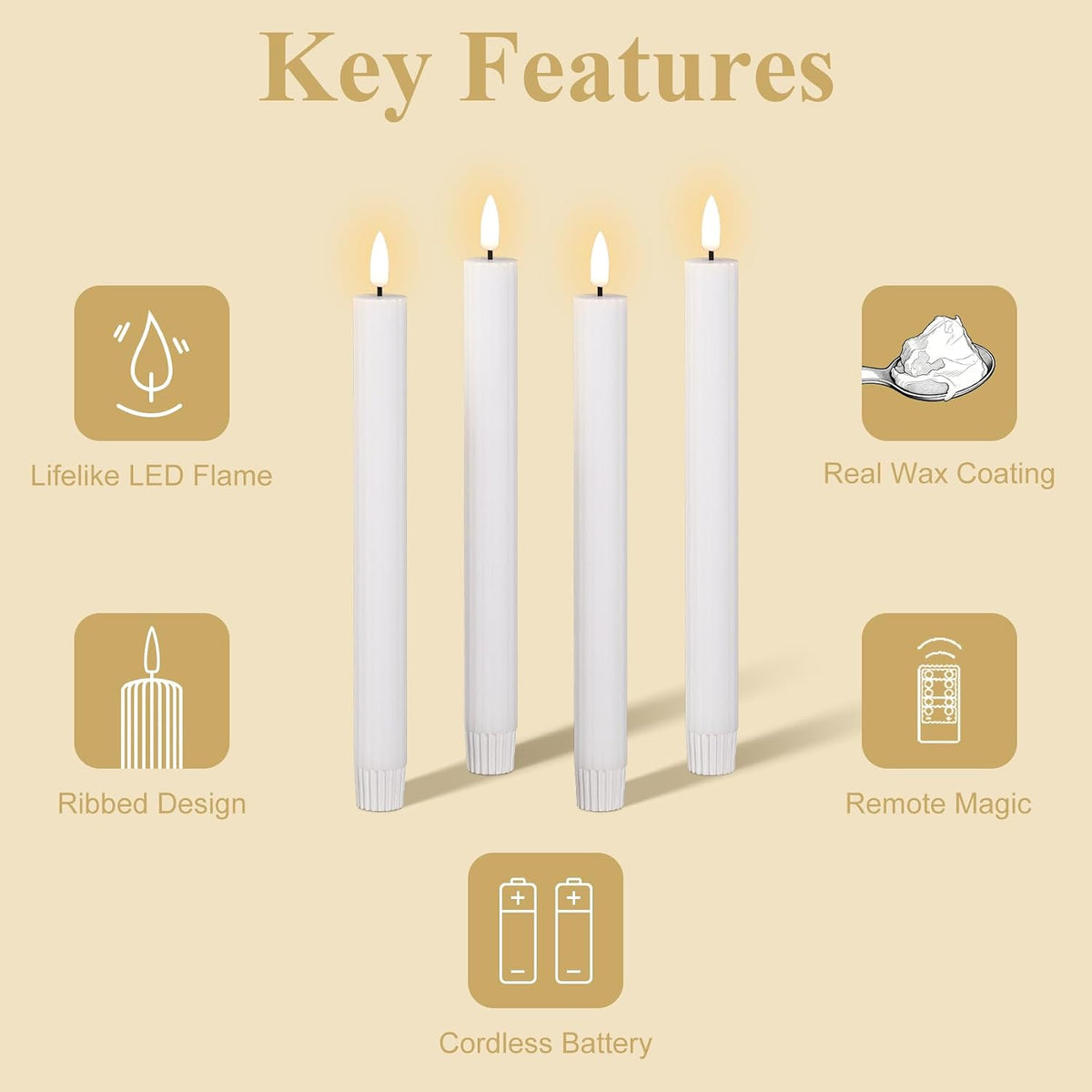 White Ribbed Flameless Taper Candles with Remote Set of 4