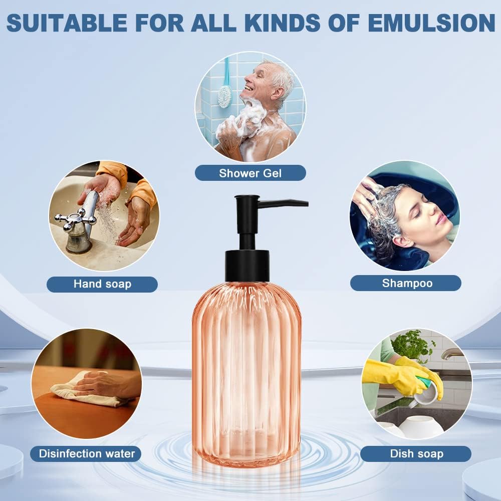 Pack of 2 Glass Soap Dispenser with Black Pump, 400 ml Refillable Pump Dispenser for Kitchen, Bathroom, Laundry Room, Liquid Glass Bottle for Washing Up Liquid, Shampoo, Conditioner (Orange)