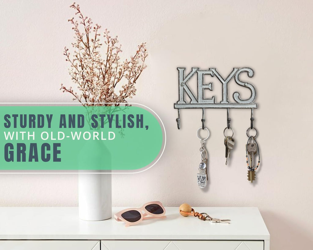 Comfify White Cast Iron Key Holder for Wall – Keys Sign with 4 Hooks