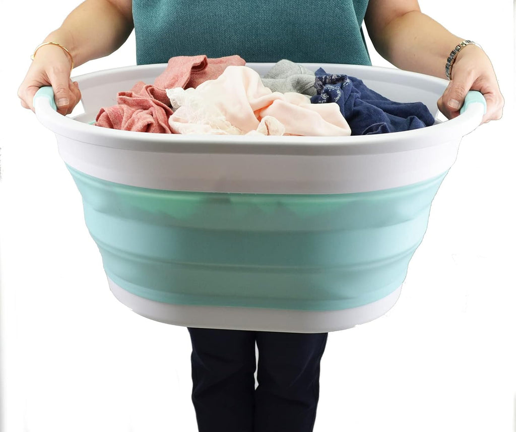 SAMMART 32L (8.4 gallon) Collapsible Plastic Laundry Basket - Foldable Pop Up Storage Container/Organizer - Portable Washing Tub, Water Capacity: 24L (1, White/Lake Green)