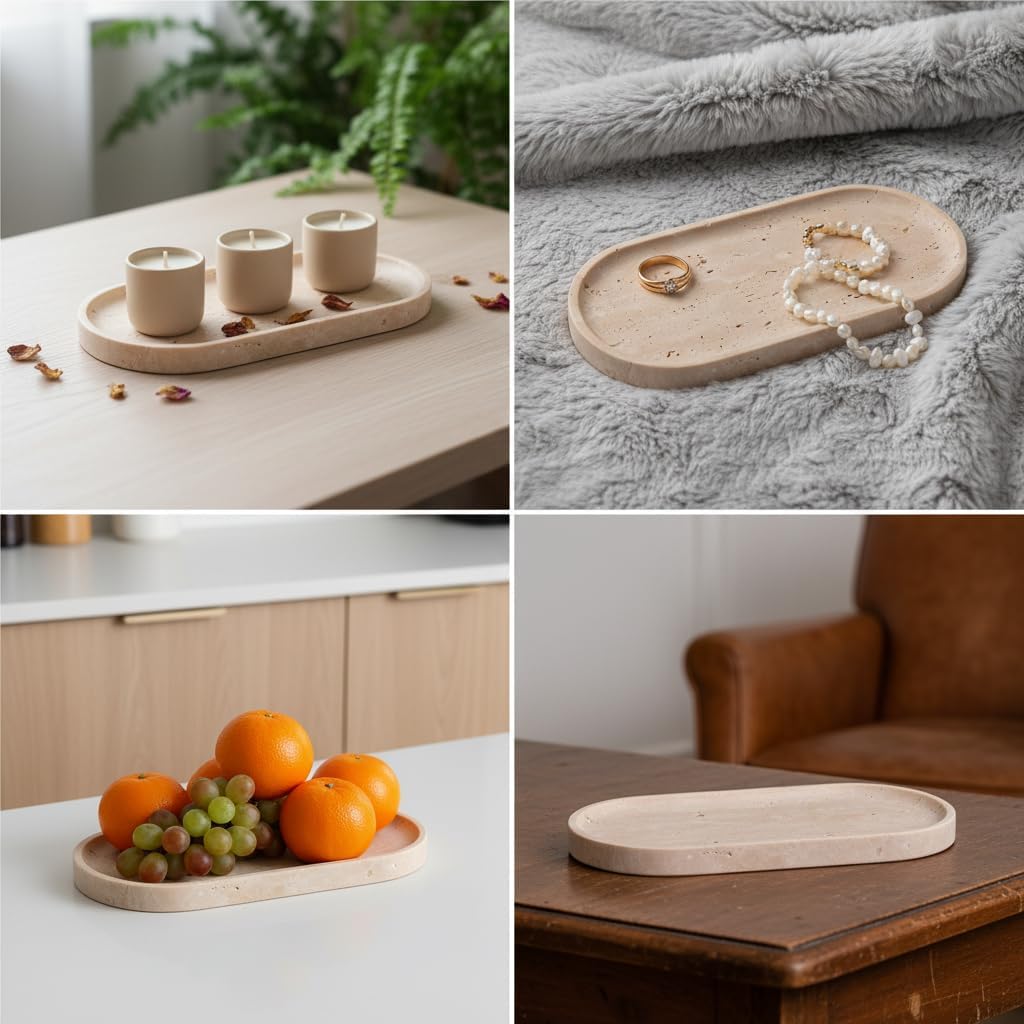 Travertine Bathroom Vanity Tray, 12"x6" Decorative Marble Tray for Kitchen Countertop, Elegant Stone Catchall Organizer for Perfume, Jewelry and Soap