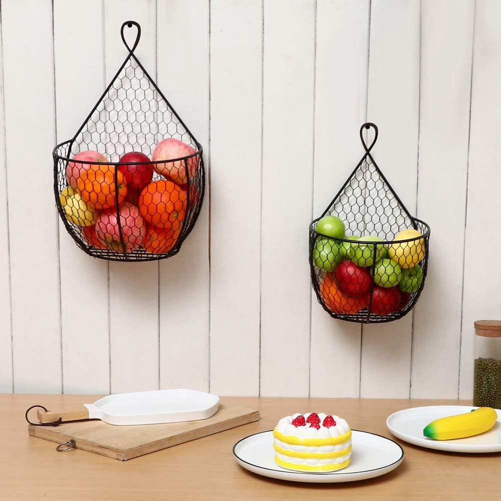 ERYTLLY Metal Fruit And Vegetable Storage Hanging Basket Wall Mounted, For Kitchen Black Wire Baskets for Flowers, Fruits and Veggies, - Set of 2