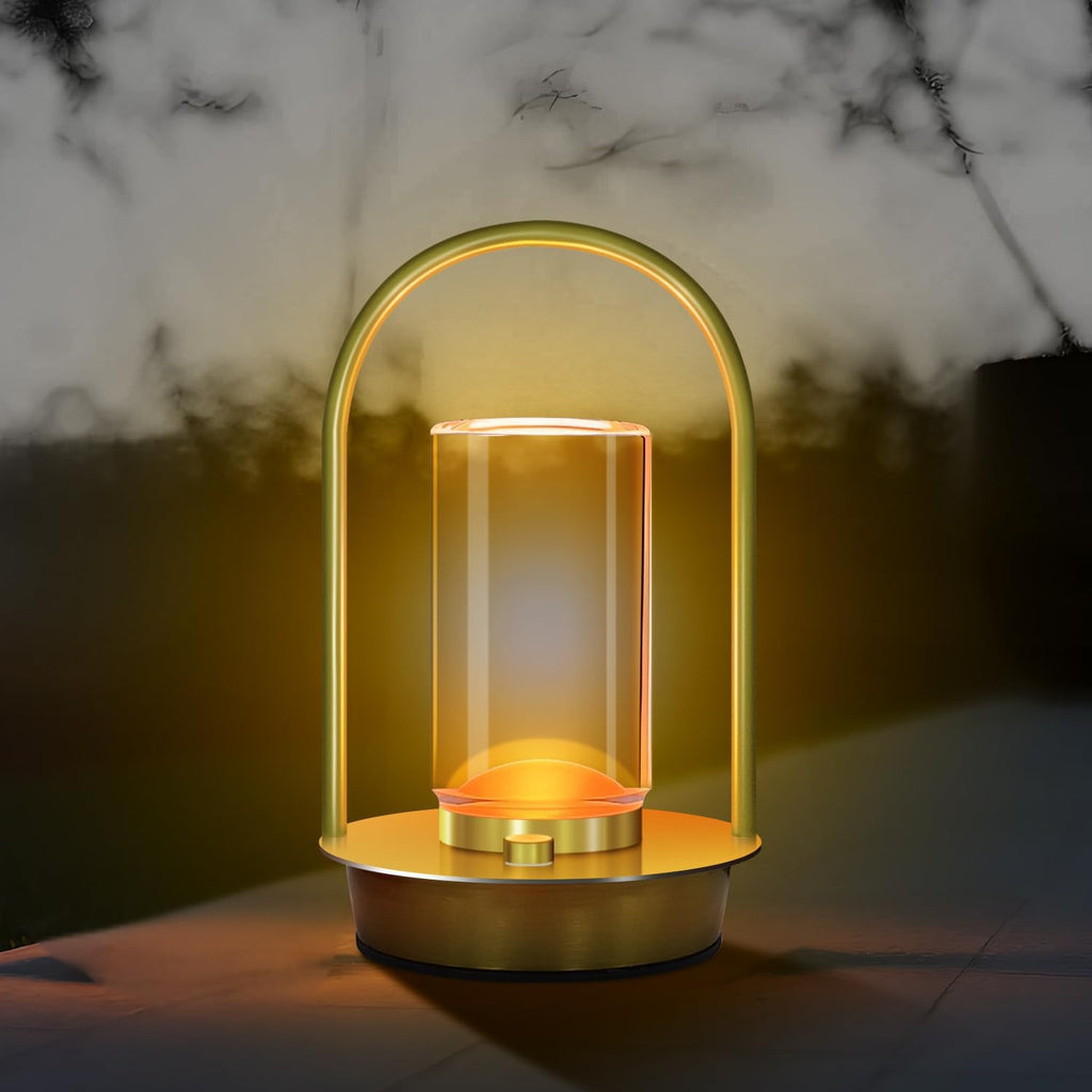Portable Metal Table Lamp for Outdoor Indoor 3 Colors Cordless Table Lamp Rechargeable Dimmable Battery Powered Small Desk Lamps Crystal Lantern Lamps for Patio Bedroom Restaurant Bar Camping(Gold)