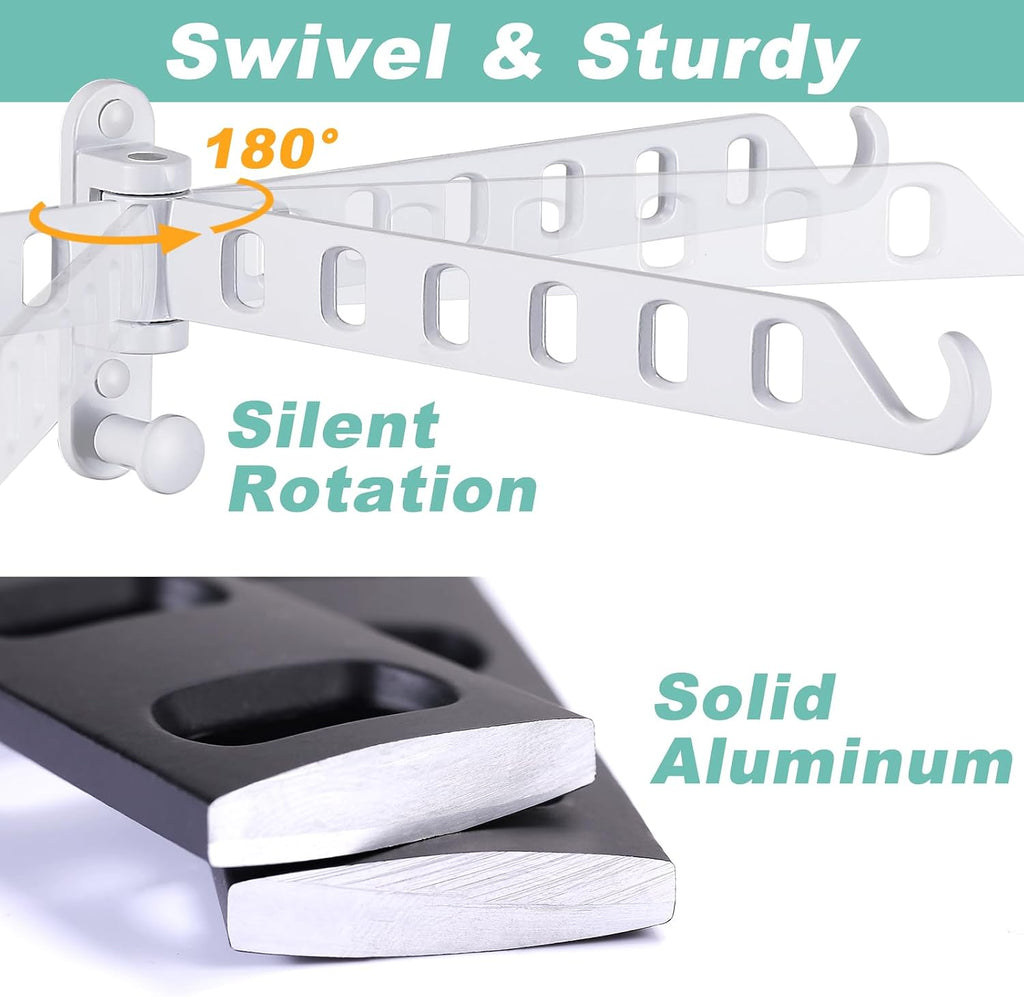 Laundry Drying Rack Wall Mounted - Swing Arm Clothes Hanger with 6-Hole, 180° Rotation Coat Hanger Holder, Foldable Valet Hook for Laundry Closet (2-Pack, White)