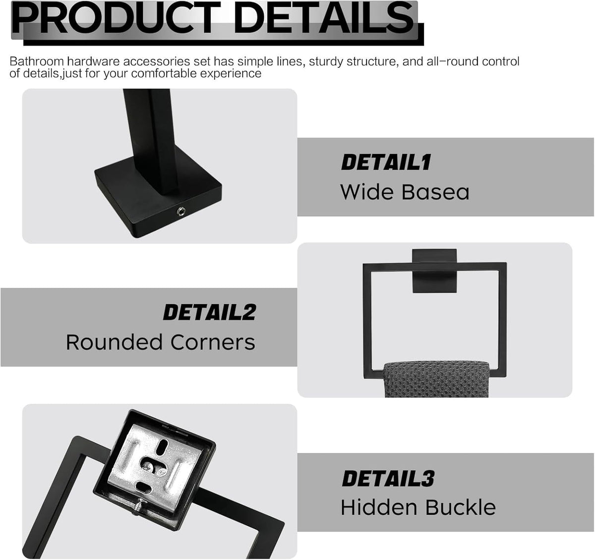 10-Piece Matte Black Bathroom Hardware Accessories Set Including 23.6 Inch Bath Towel Bar, Towel Rings, Bath Toilet Paper Holders, Robe Towel Hooks Set for Bathroom Stainless Steel Wall Mounted