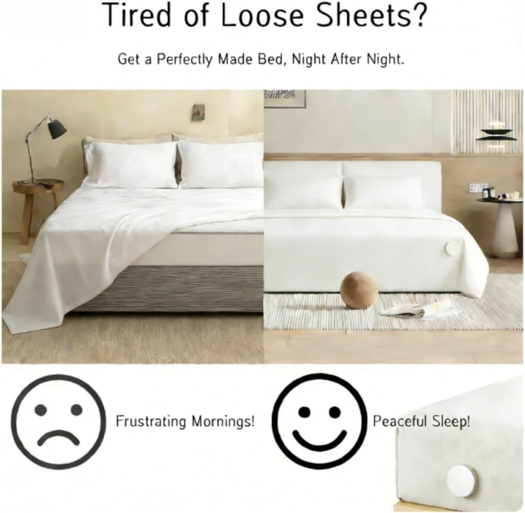 Magnetic Bed Sheet Holders 4-Pack - Wrinkle-Free Strong Grip - No-Lift Installation for All Mattress Sizes (Twin, Full, Queen, King) - Secure Fitted & Flat Sheets (Ivory White, Medium)
