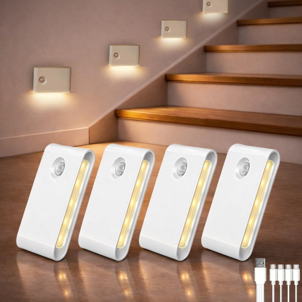 4Pack Motion Sensor Night Lights, Wireless Rechargeable Stair Lights Indoor,3 Color Temperatures & Stepless Dimming, LED Night Lights for Stairs, Hallway, Kitchen, Closet, Cabinet