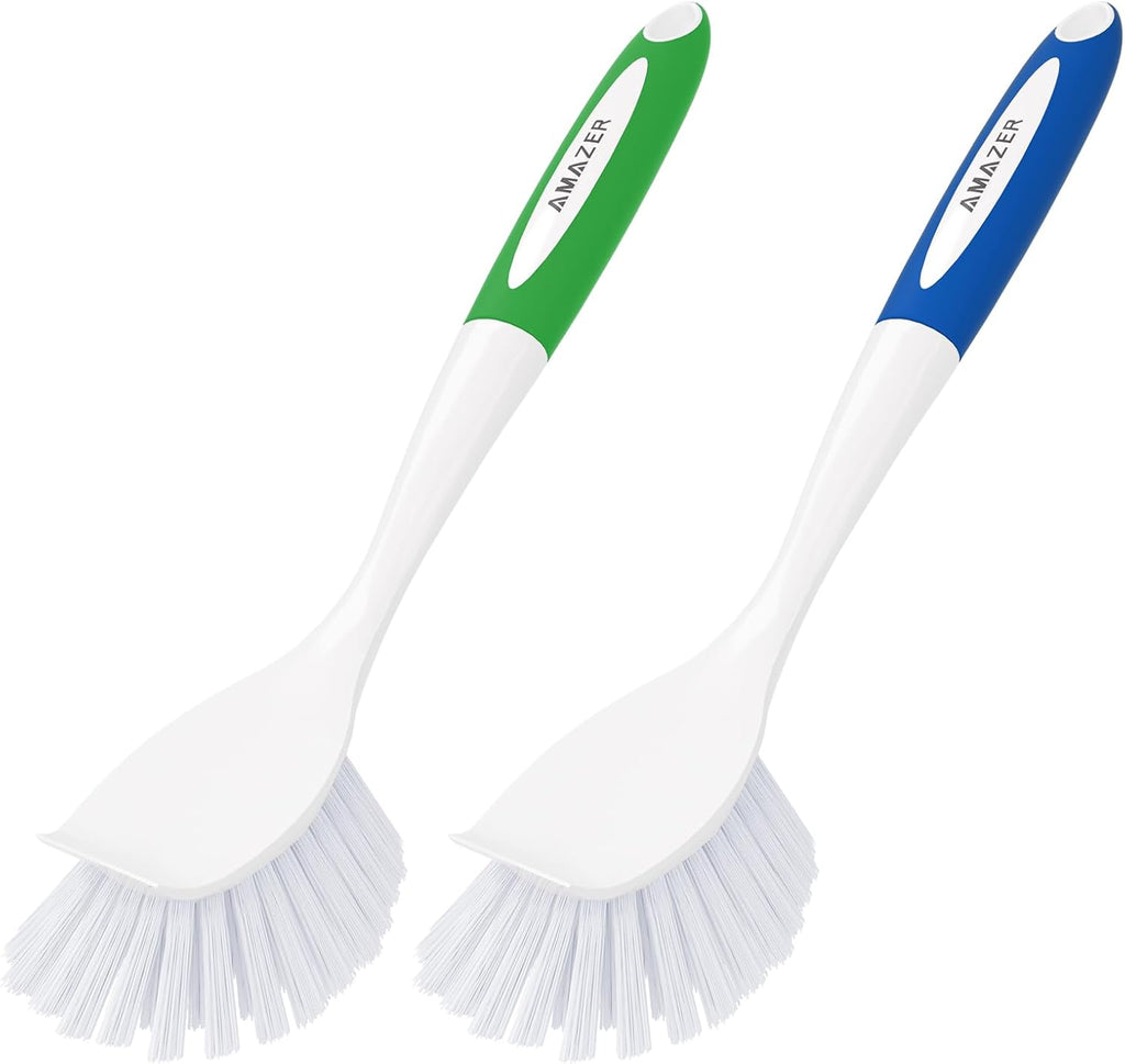 Amazer Dish Brush with Handle, Kitchen Scrub Brushes for Cleaning, 2 Pcs Straw Cleaner Brushes for Water Bottle, 2 Pcs Dish Scrubber with Stiff Bristles for Sink