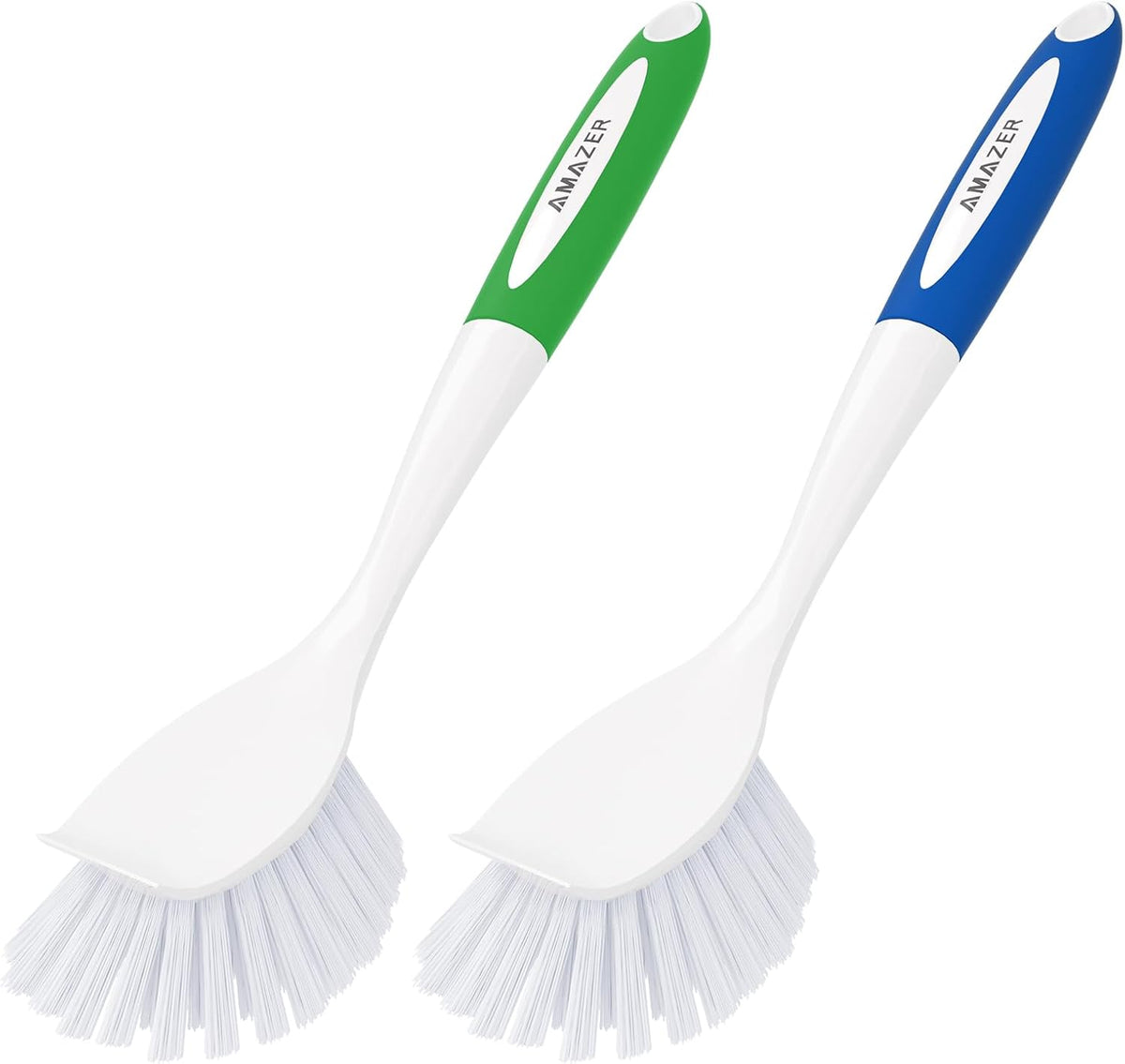 Amazer Dish Brush with Handle, Kitchen Scrub Brushes for Cleaning, 2 Pcs Straw Cleaner Brushes for Water Bottle, 2 Pcs Dish Scrubber with Stiff Bristles for Sink